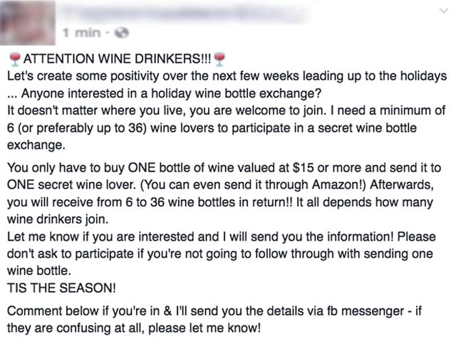 Beware of 'secret wine bottle exchange' scam on Facebook, BBB warns