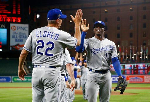 Kansas City Royals' Jorge Soler (12) celebrates after a baseball game against the Baltimore Orioles, Tuesday, May 8, 2018, in Baltimore. Kansas City won 15-7. (AP Photo/Patrick Semansky)