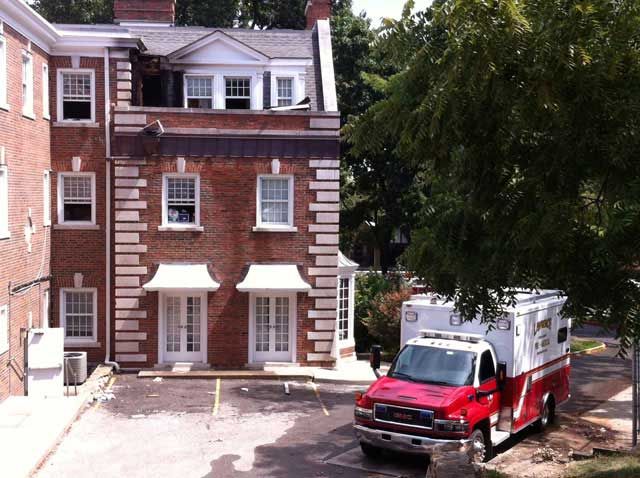 The fire broke out just before noon Tuesday at the Sigma Chi house in the 1400 block of Tennessee Street. (Grady Reid/KCTv5 News)